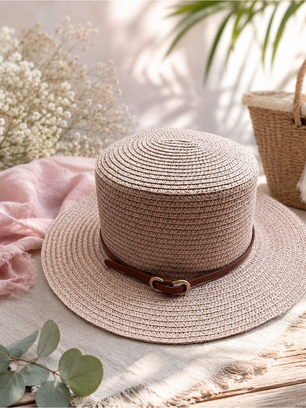 Straw Boater Soft Pink Hat with Brown Leather Band - Women Accessories